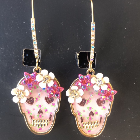 NEW Betsey Johnson Rhinestone Floral Skelton Hoop Earrings/For Halloween - Picture 7 of 16